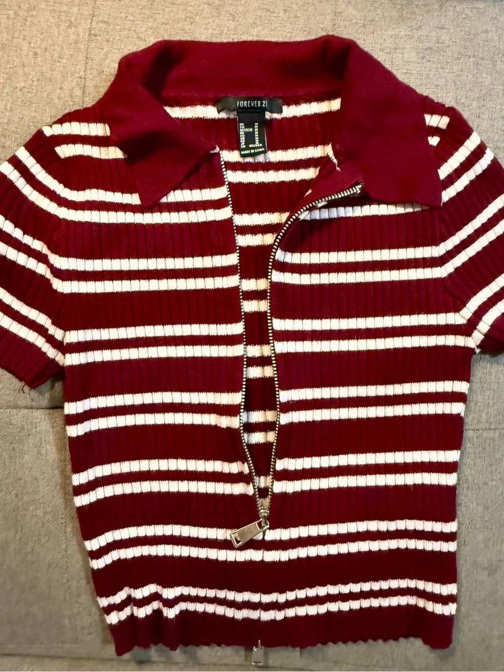 Forever 21 Burgundy & White Striped Zip-Collar Polo